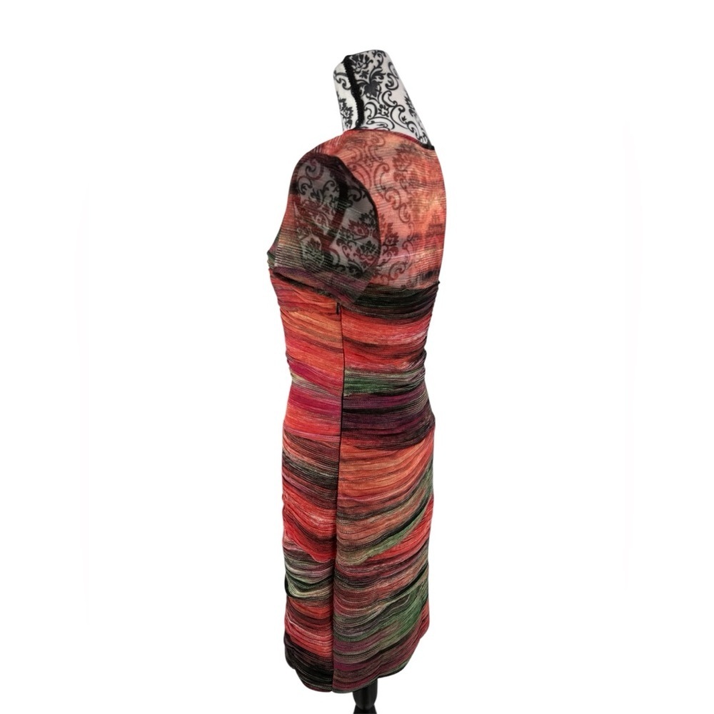 BCBG MaxAzria Donna Colorful Ruched Unique Mesh Bodycon Cap Sleeve Sheath Dress - Picture 13 of 16